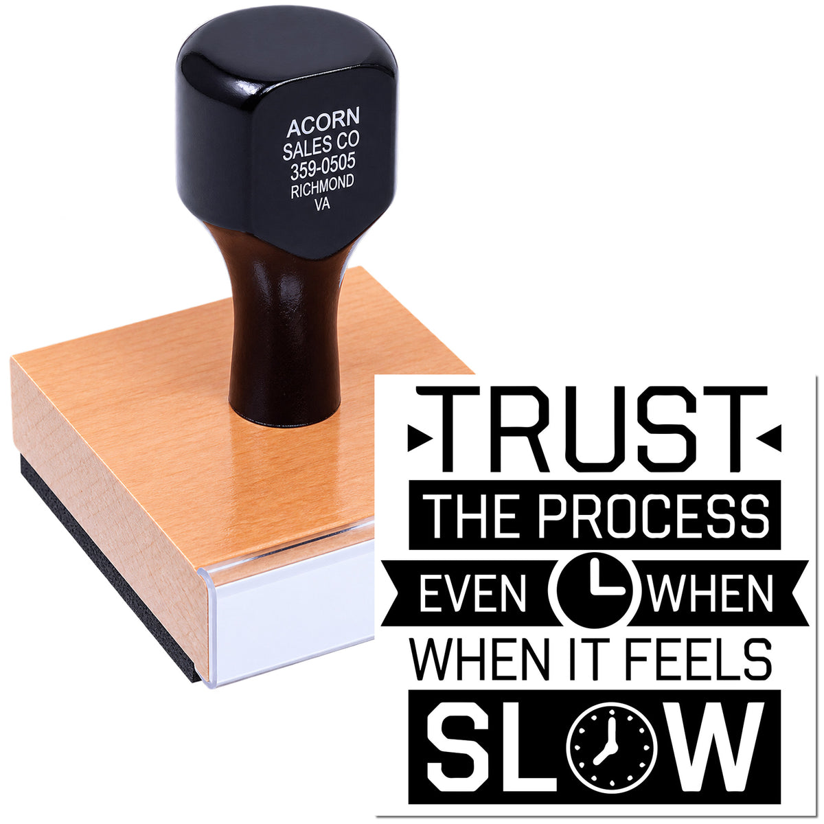 Custom rubber stamp with motivational quote, Trust the process even when it feels slow, for branding and office use.