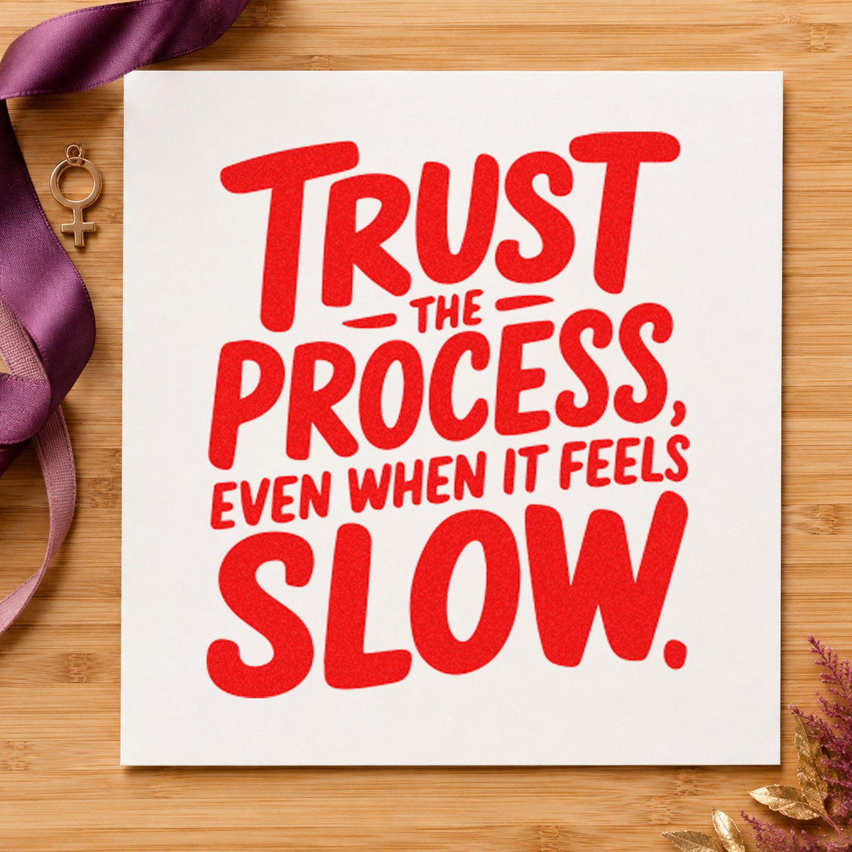 Trust Process Feels Slow craft stamp imprint in red ink on a handmade project, one idea being compost tip cards.