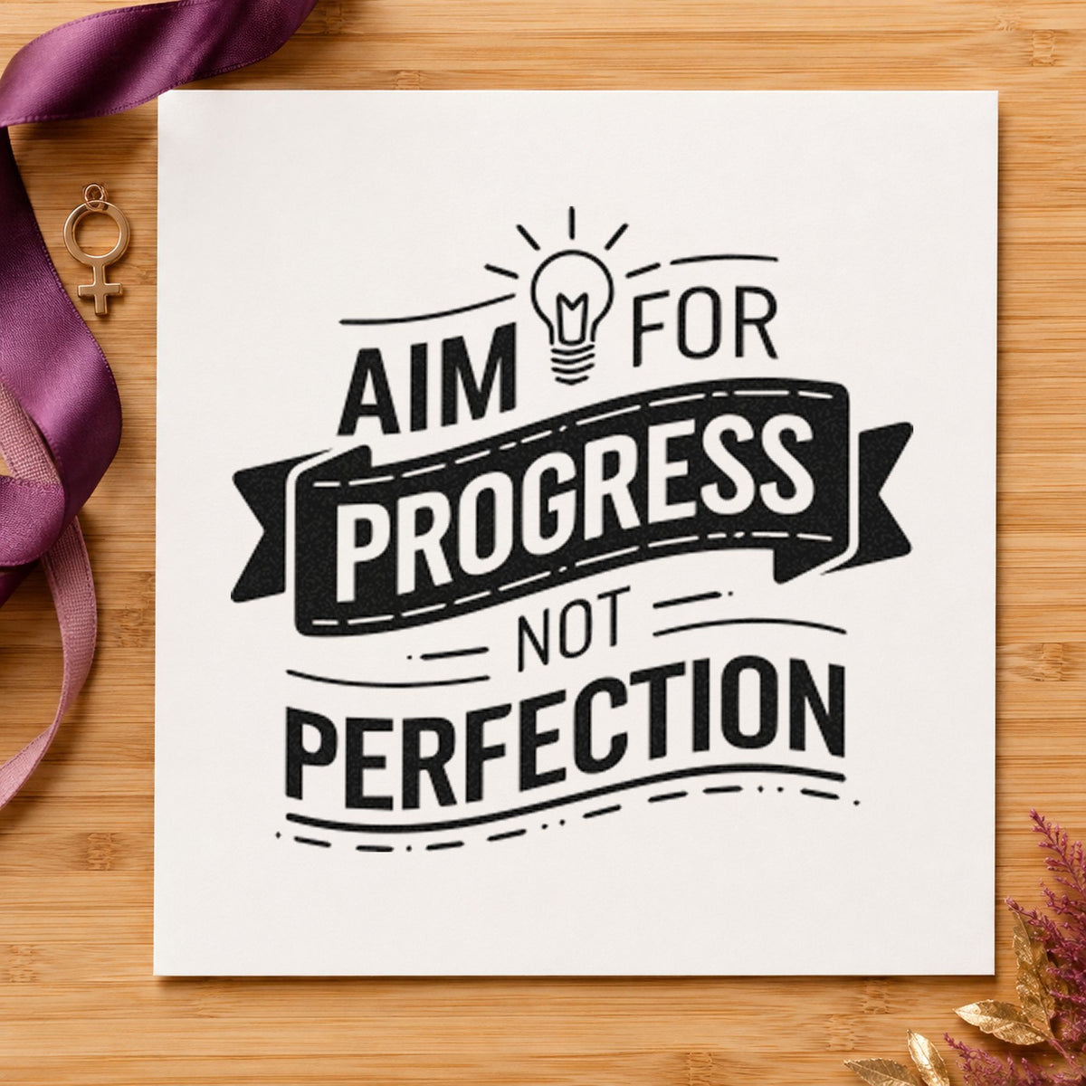 Aim Progress Not Perfection craft stamp imprint in black ink on a handmade project, one idea being pencil pack gift tags.