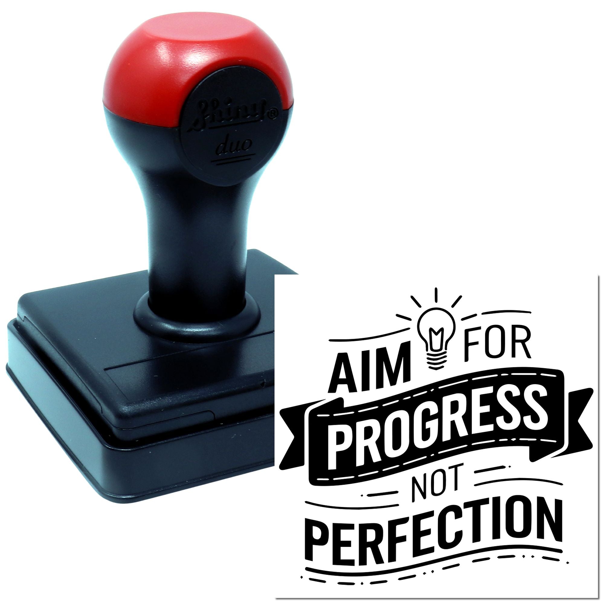 Self-inking motivational rubber stamp with Aim for progress not perfection for office, classroom, or coaching use.