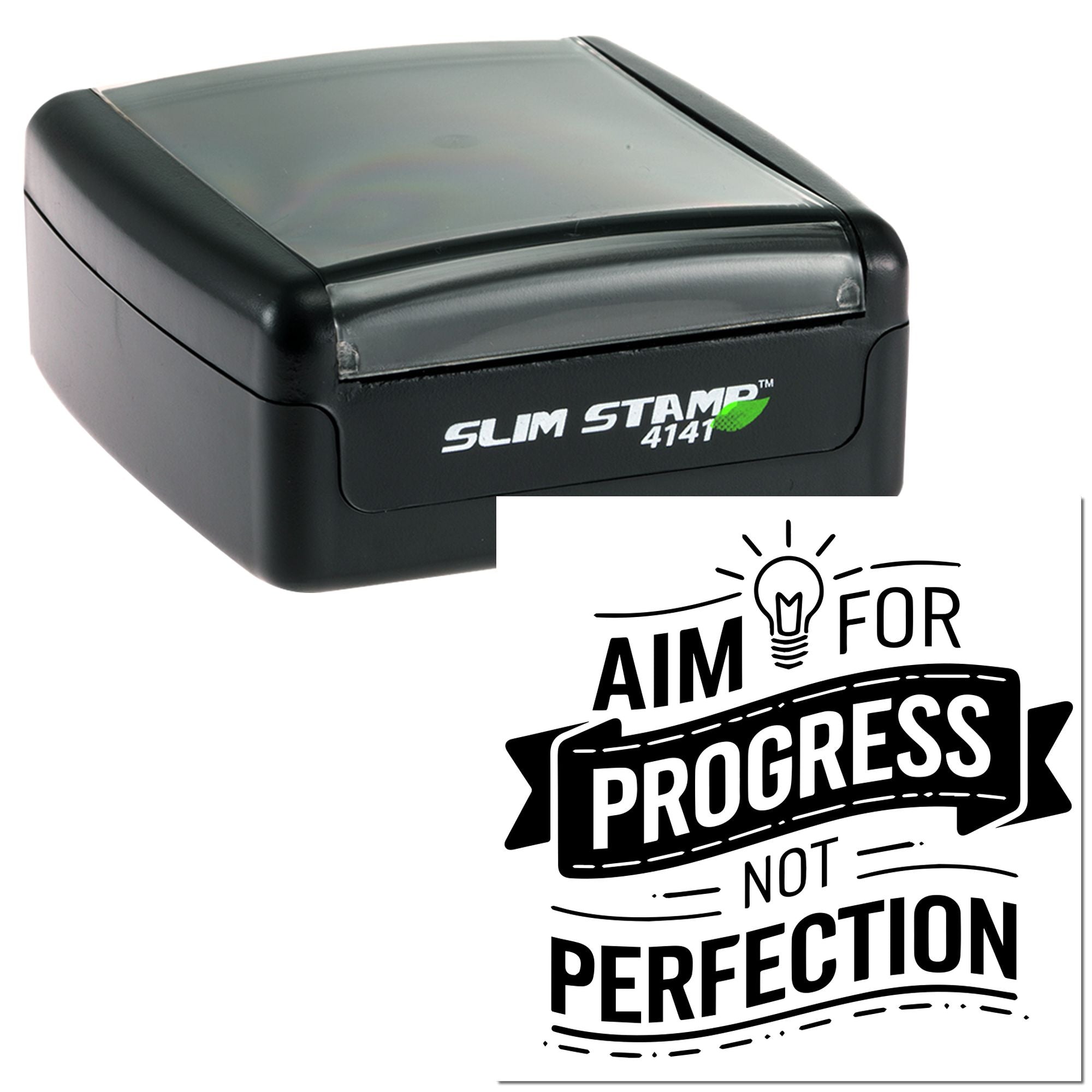 Slim Stamp 4141 self-inking rubber stamp with Aim for progress not perfection design for motivational branding.