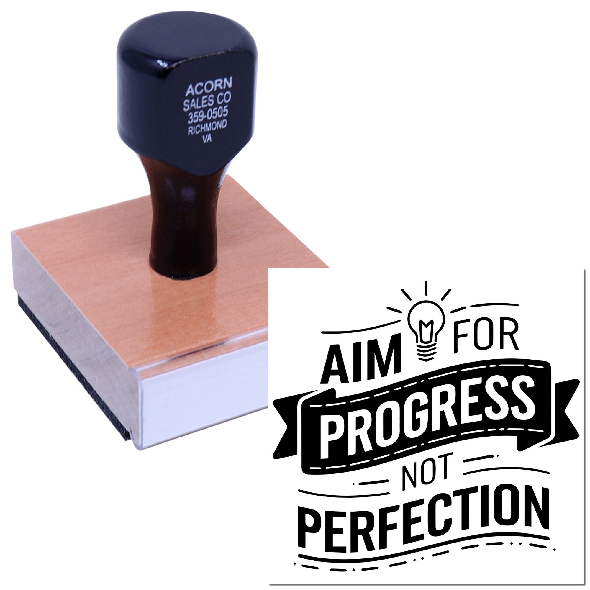 Custom rubber stamp with Aim for progress not perfection motivational quote for planners, branding, and packaging.
