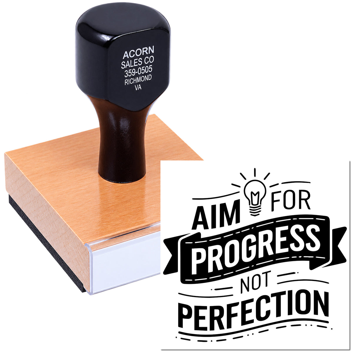 Custom rubber stamp with Aim for progress not perfection motivational quote for planners, branding, and packaging.