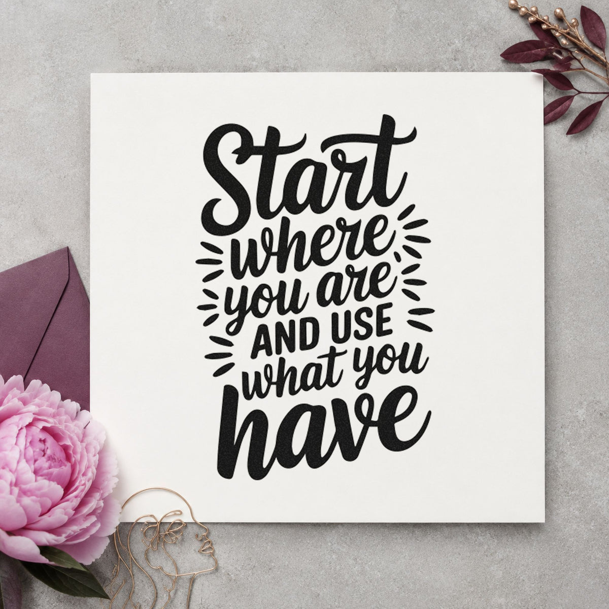 Start Where You Are craft stamp in black ink on cardstock, an easy option for balcony album page.