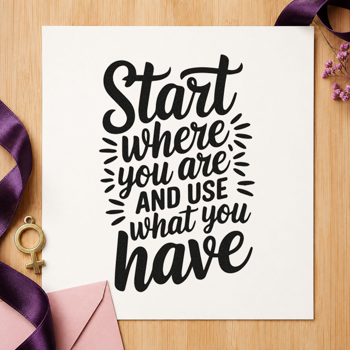Start Where You Are craft stamp imprint in black ink on a handmade project, one idea being container gift tags.