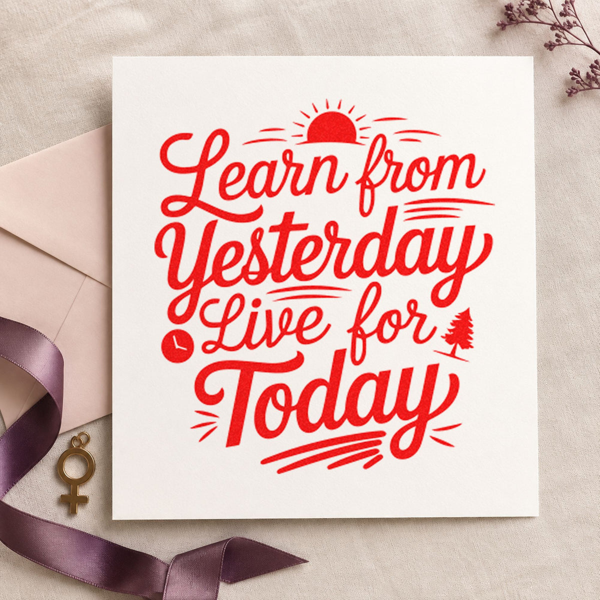 Learn Yesterday Live Today rubber stamp shown in red ink, stamped for projects such as box branch labels.