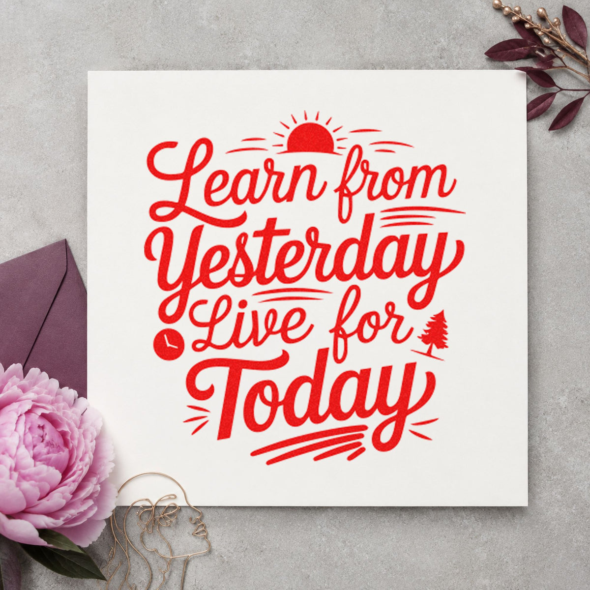 Learn Yesterday Live Today craft stamp imprint in red ink on a handmade project, one idea being interview prompt cards.