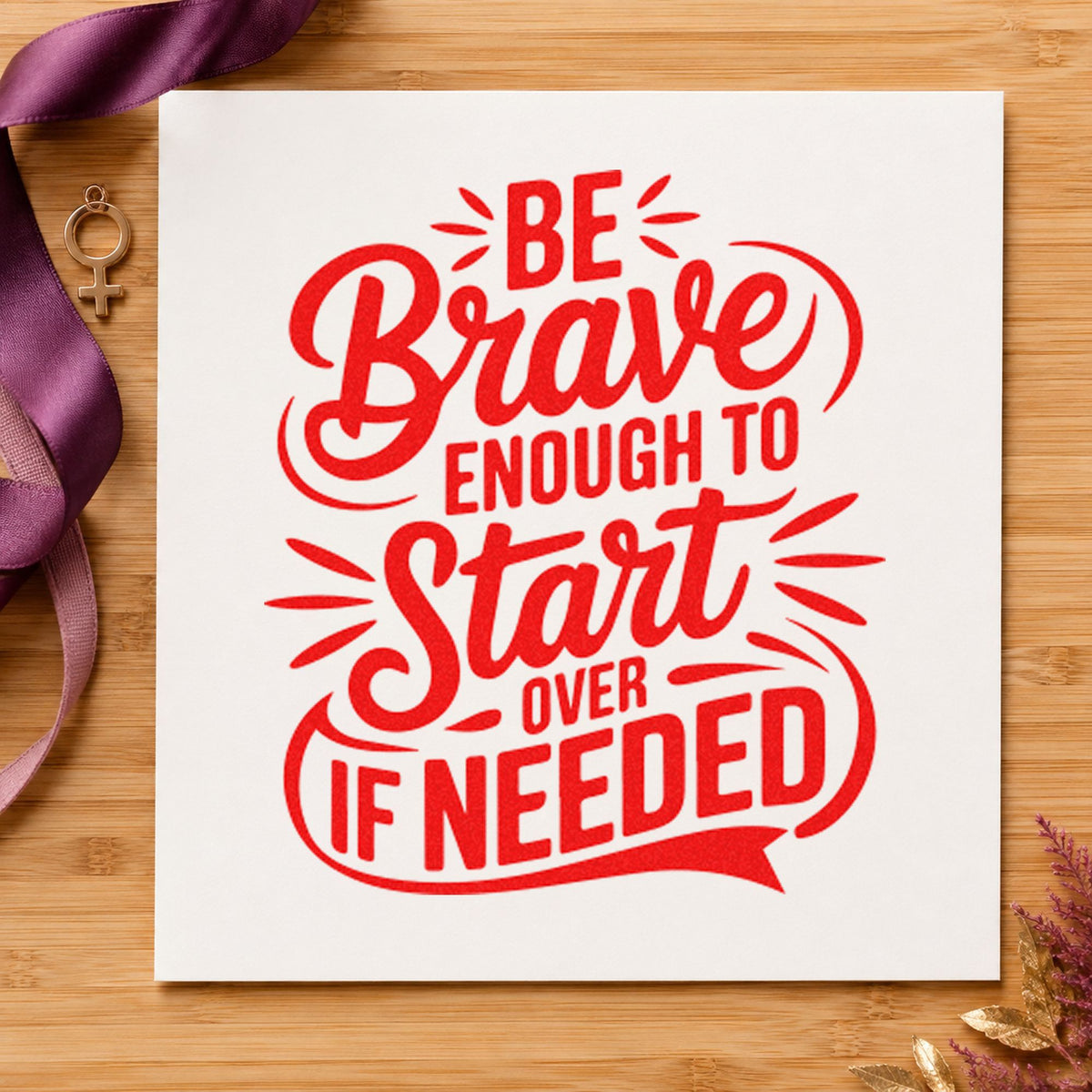 Be Brave Start Over rubber stamp shown in red ink, stamped for projects such as shelf line labels.