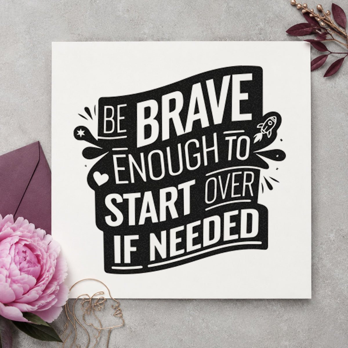Brave Start Over Banner craft stamp imprint in black ink on a handmade project, one idea being text swap gift tags.