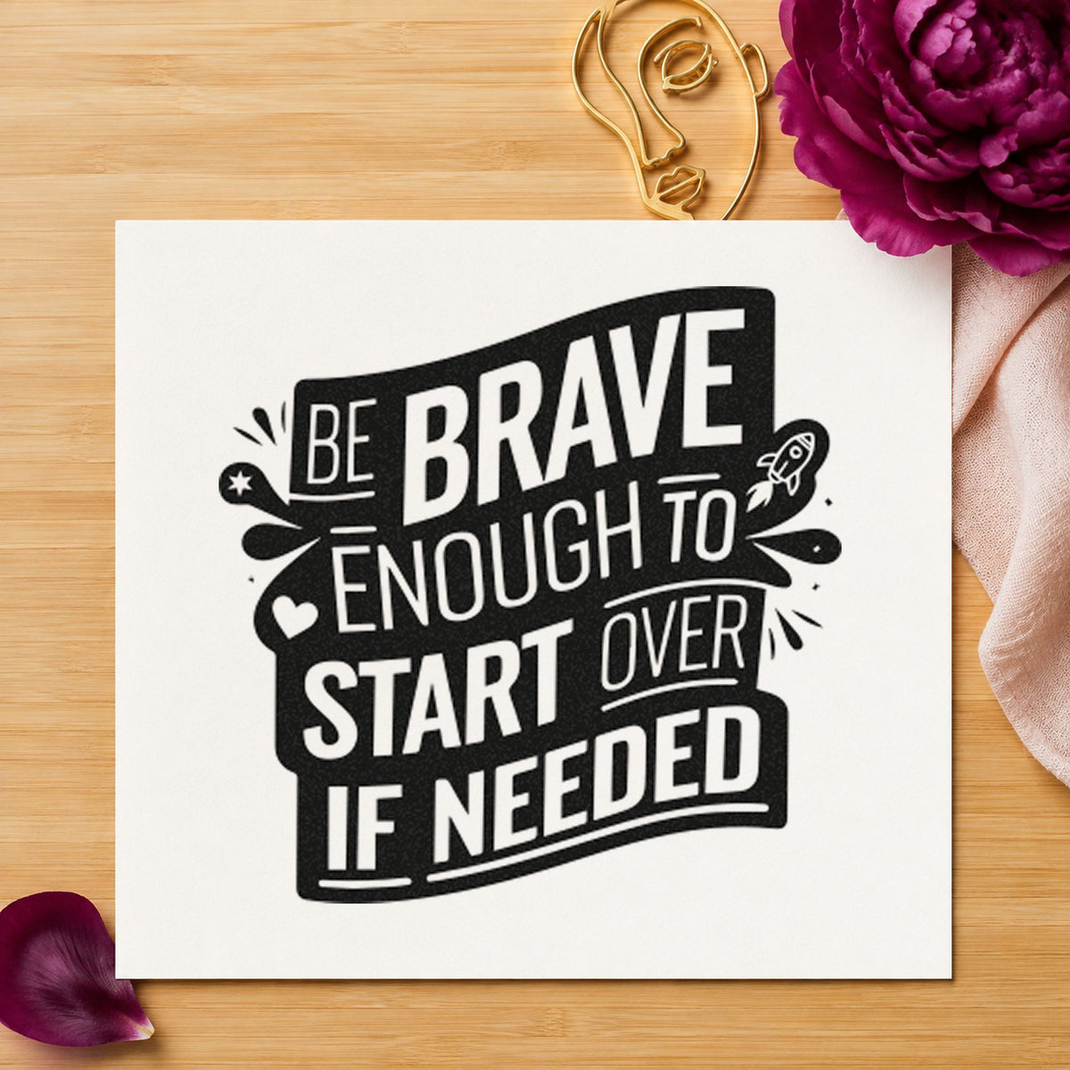 Brave Start Over Banner rubber stamp printed in black ink, ready for slanted banner cards and similar paper crafts.