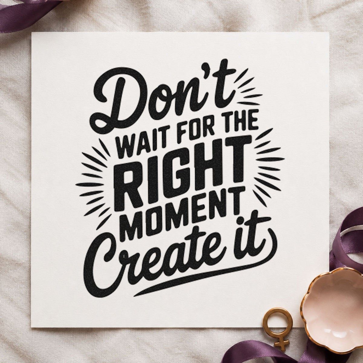 Create Right Moment Script craft stamp imprint in black ink on a handmade project, one idea being welcome kit gift tags.