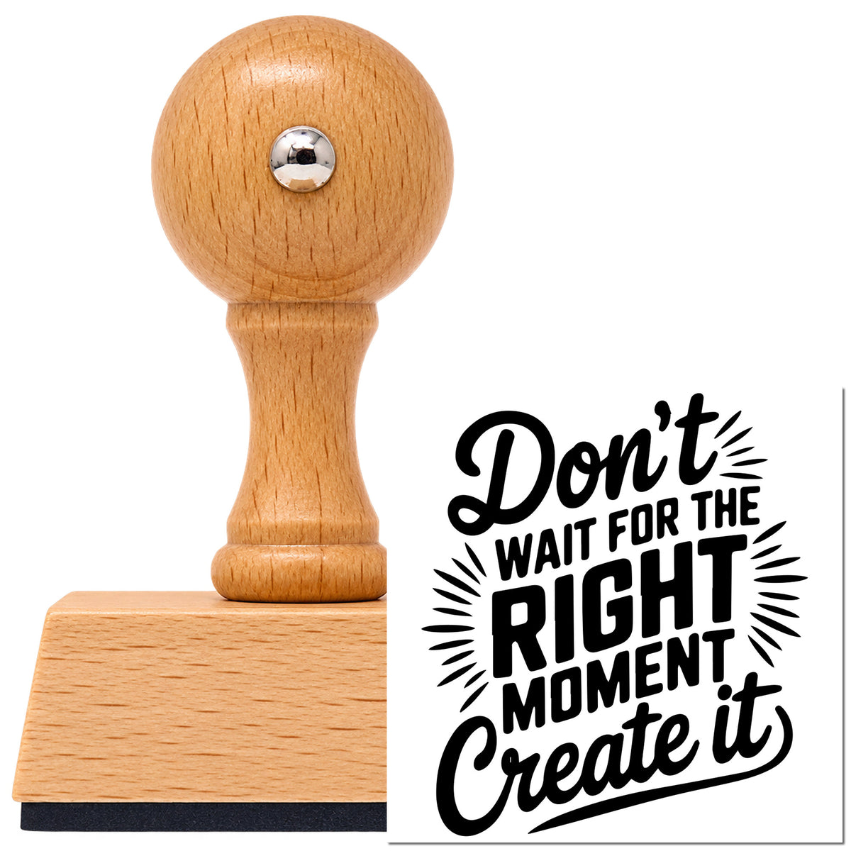 Create Right Moment Script Vintage Pro rubber stamp in European beech wood with a round knob handle, shown beside its black imprint.