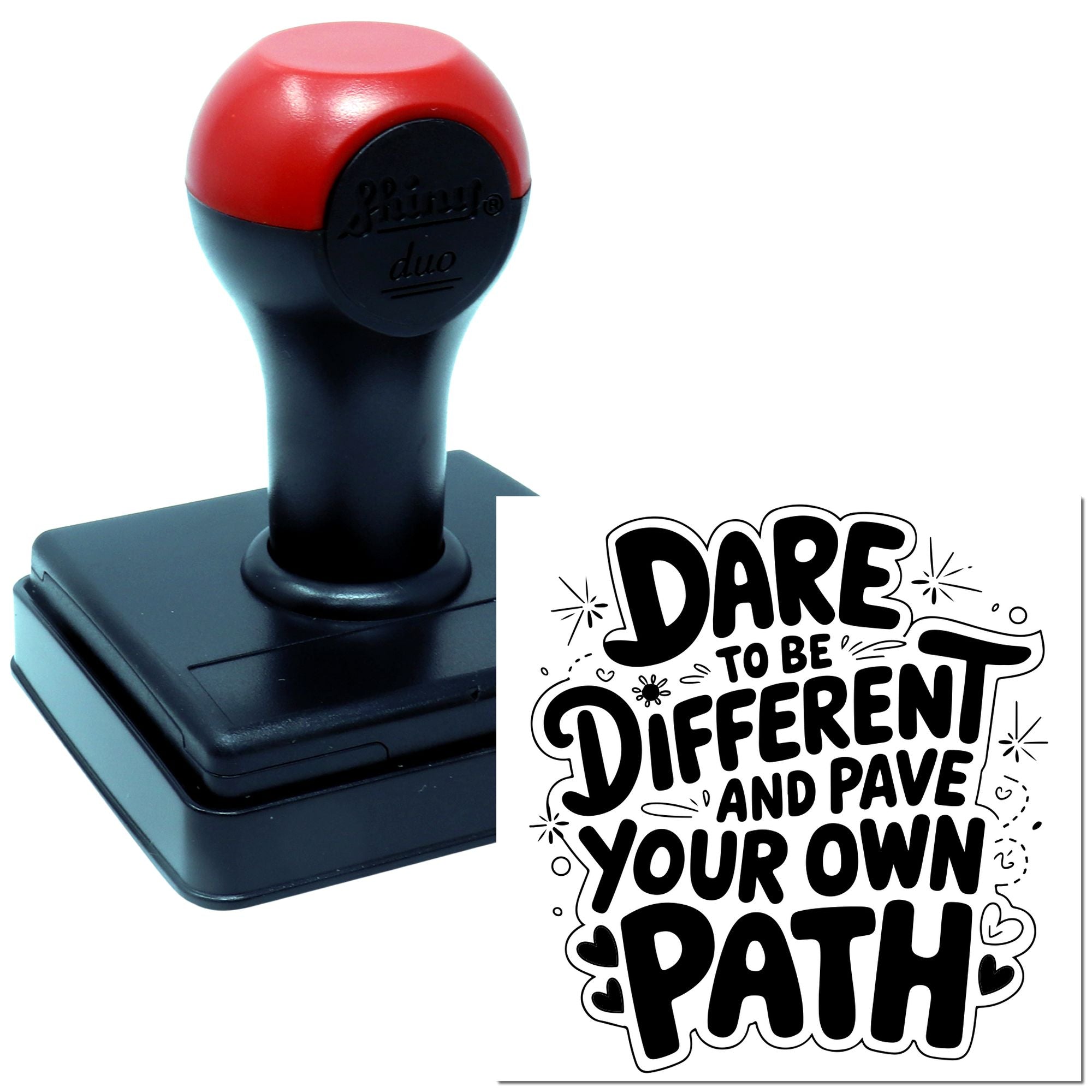 Self-inking rubber stamp with Dare to Be Different and Pave Your Own Path design for custom crafting and motivational branding.