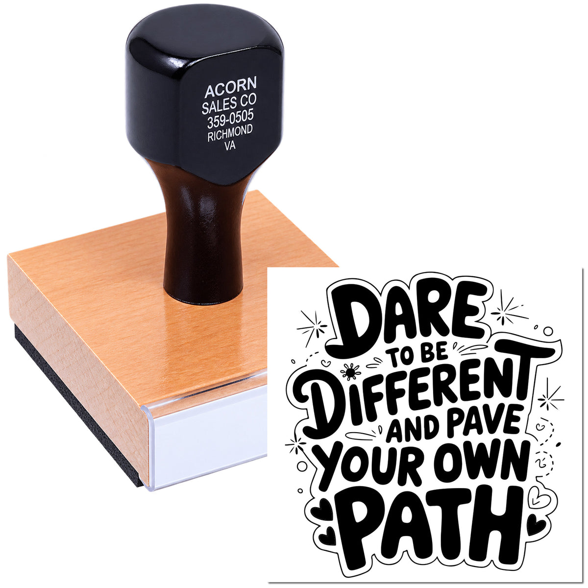 Custom rubber stamp imprint with business address and Dare to Be Different design for branding, crafts, and personalized labeling.