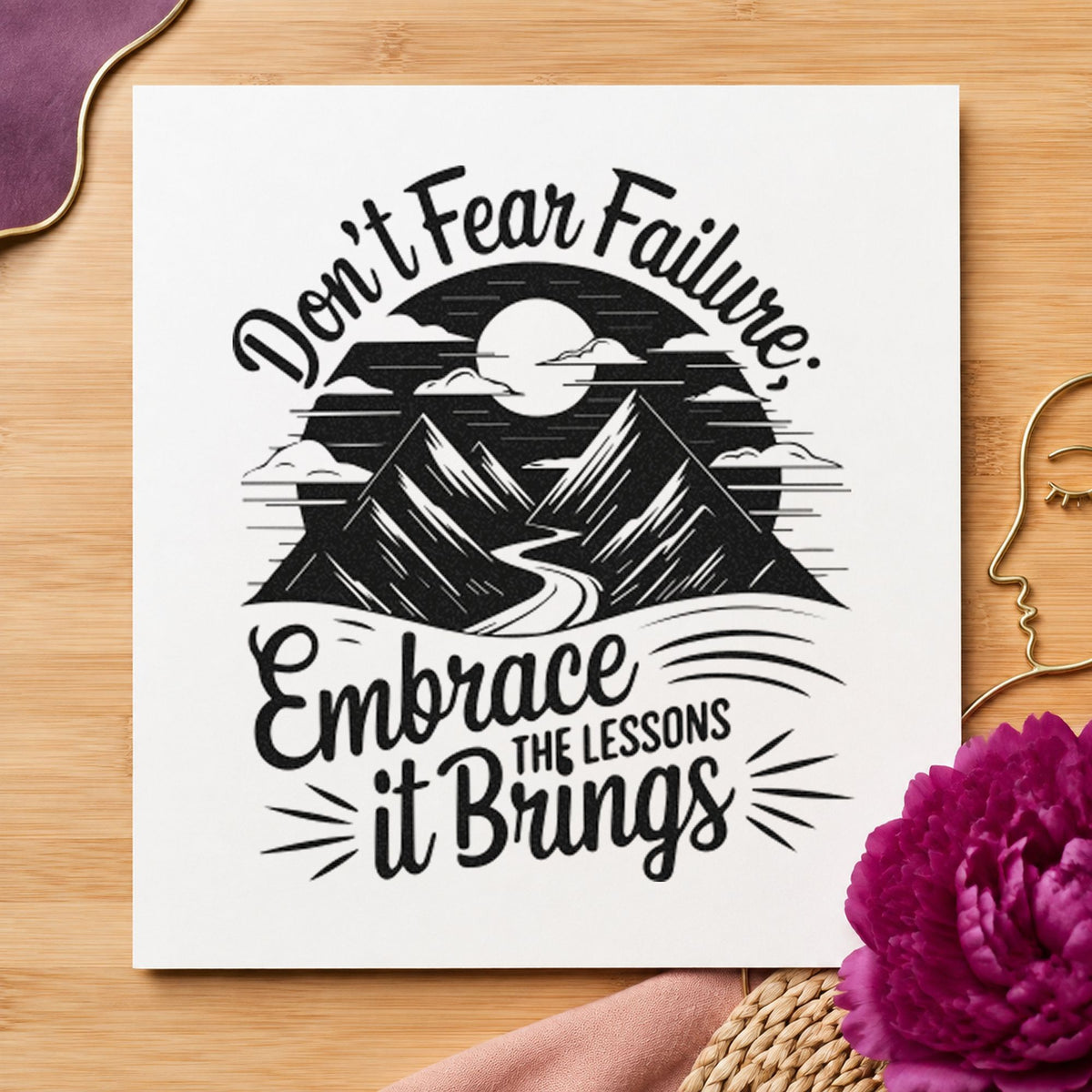 Embrace Lessons Failure Mountains craft stamp in black ink on cardstock, an easy option for math team album page.