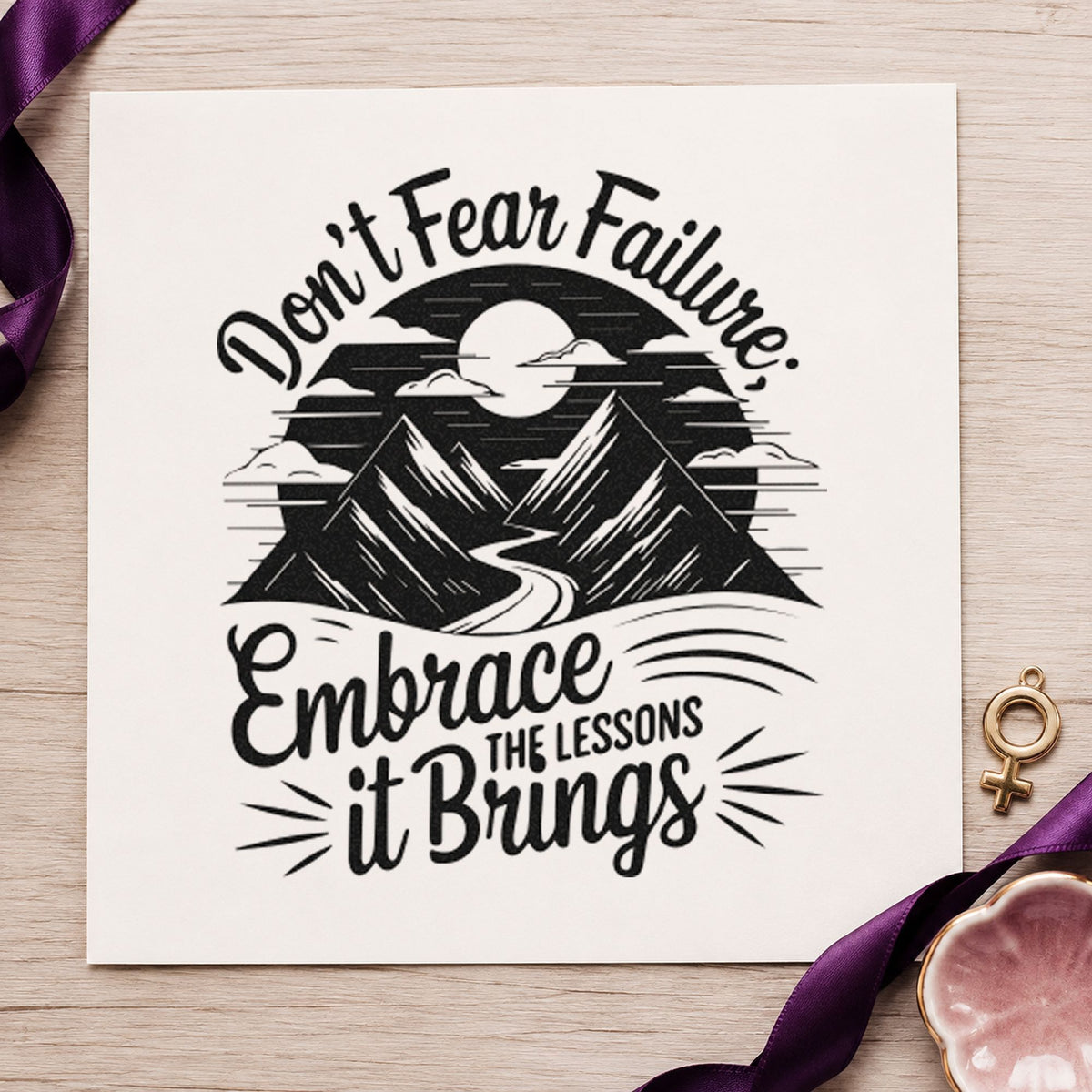 Embrace Lessons Failure Mountains craft stamp imprint in black ink on a handmade project, one idea being calculator gift tags.
