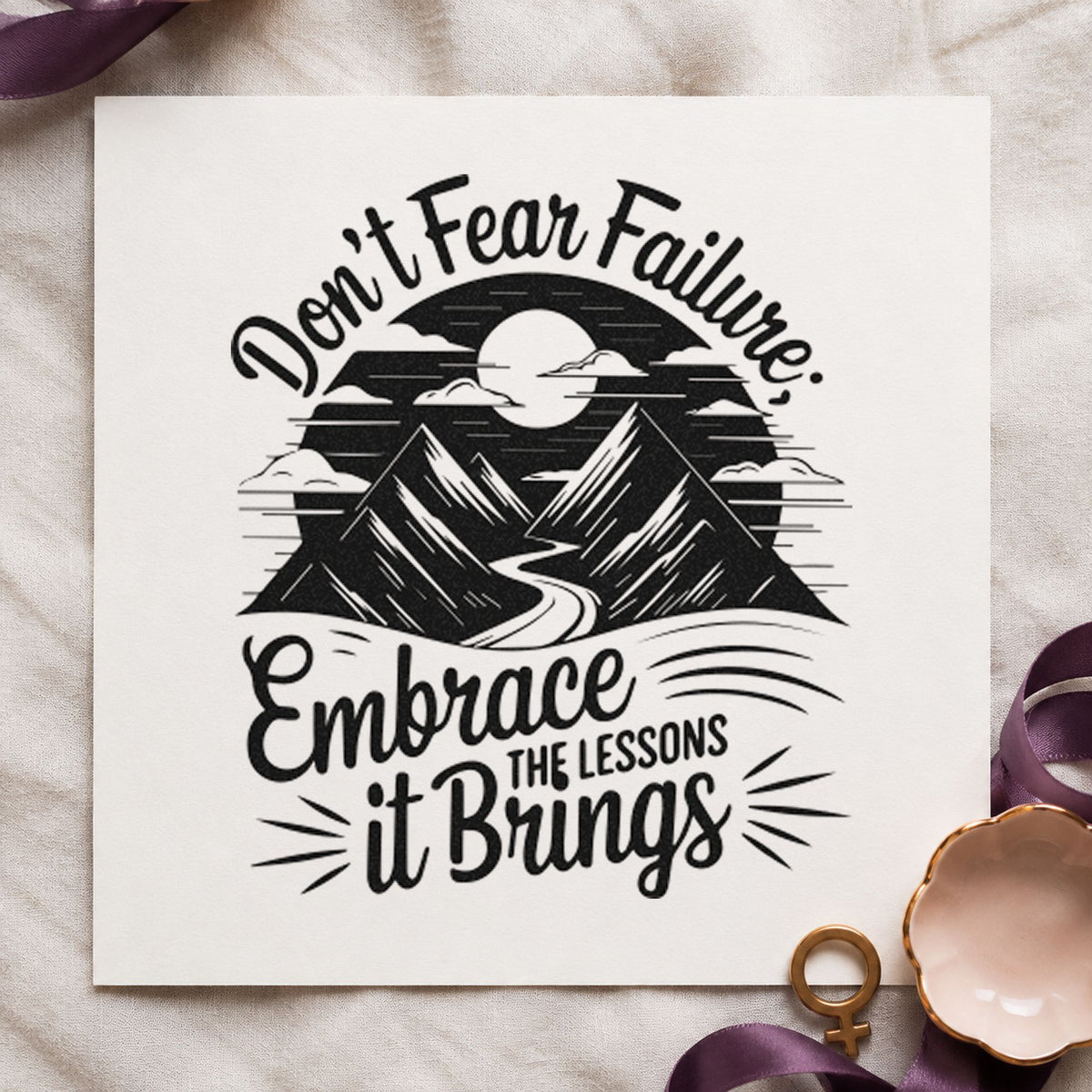 Embrace Lessons Failure Mountains rubber stamp printed in black ink, ready for round score sheet and similar paper crafts.