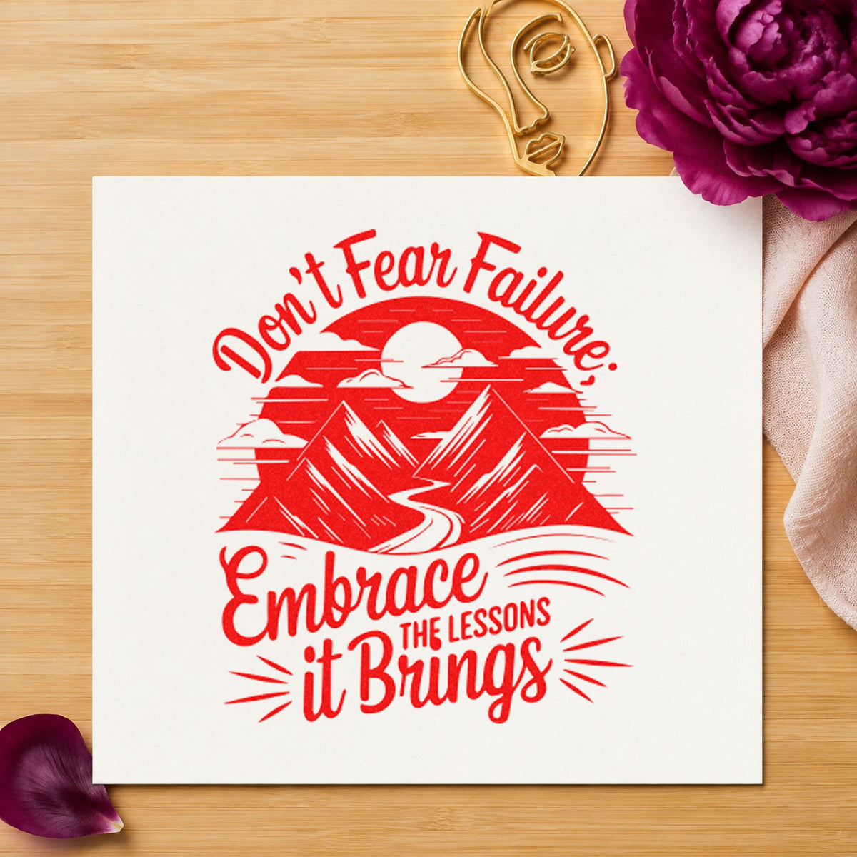 Embrace Lessons Failure Mountains craft stamp imprint in red ink on a handmade project, one idea being problem drill cards.