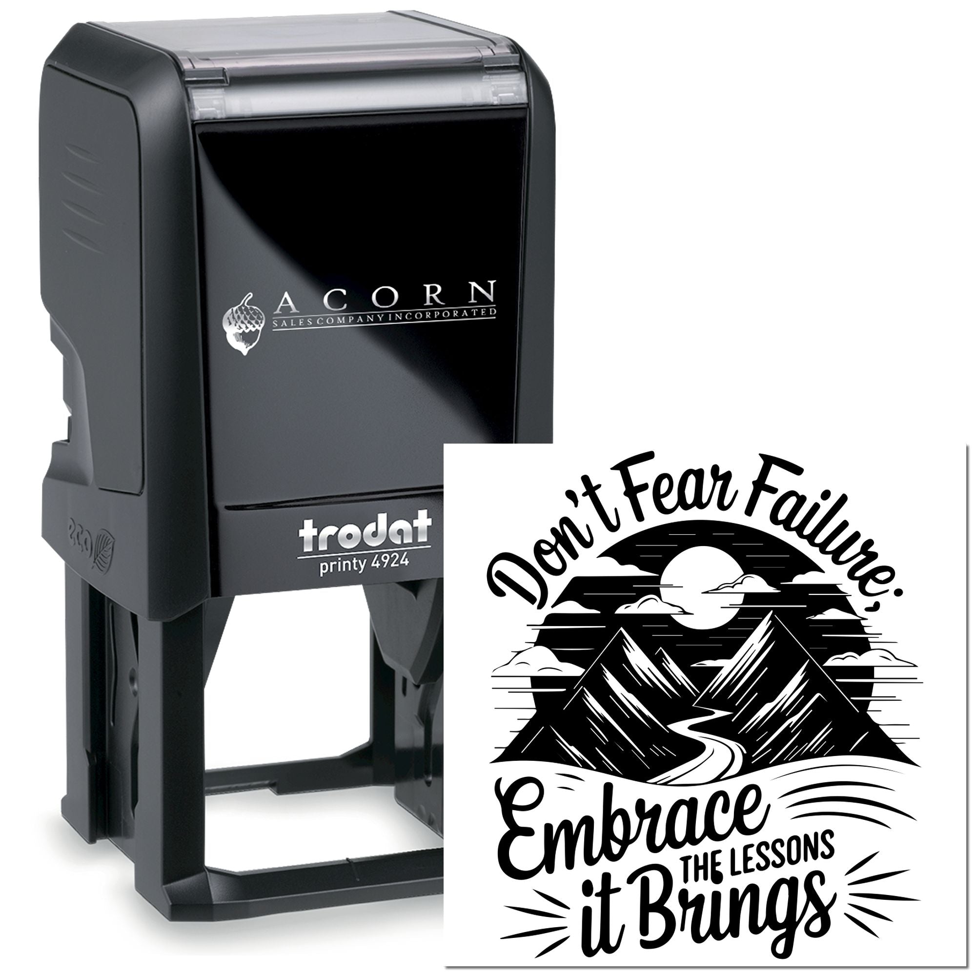 Trodat custom self-inking rubber stamp with motivational mountain quote, ideal for branding, crafts, and business use.