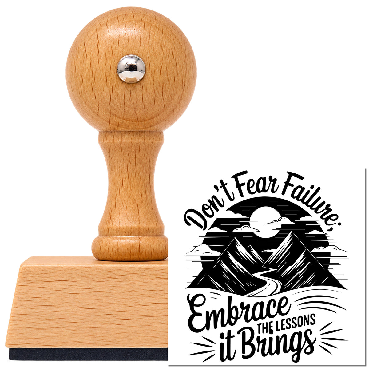 Embrace Lessons Failure Mountains Vintage Pro rubber stamp in European beech wood with a round knob handle, shown beside its black imprint.