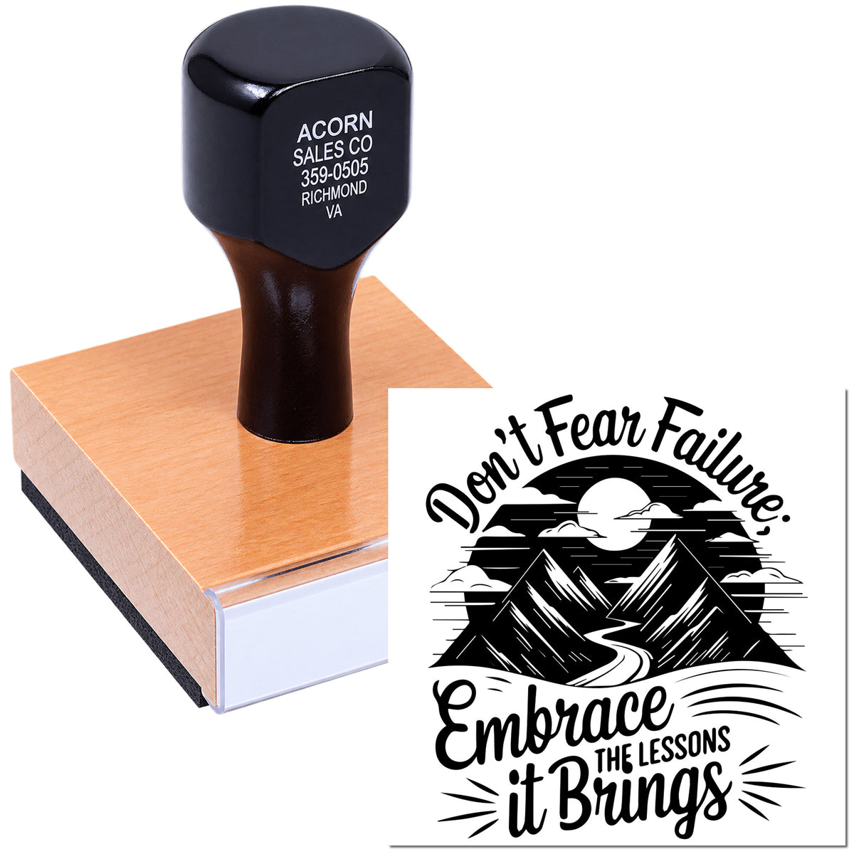 Custom rubber stamp with inspirational Dont Fear Failure design on a wooden stamp block, ideal for branded or motivational stamping.