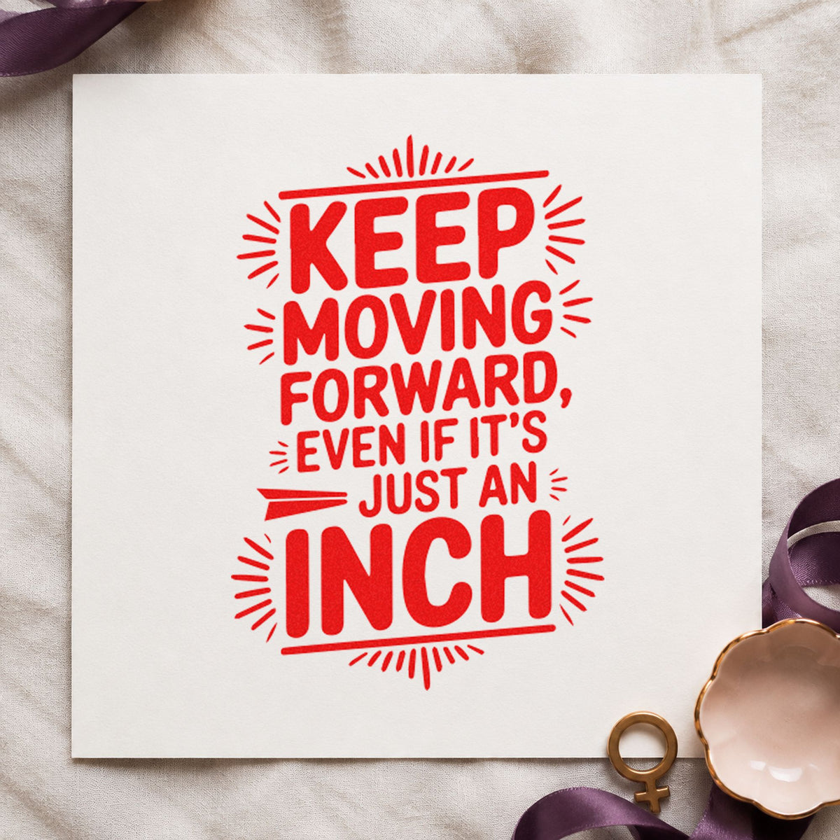 Keep Moving Forward Inch rubber stamp shown in red ink, stamped for projects such as bin hardware labels.