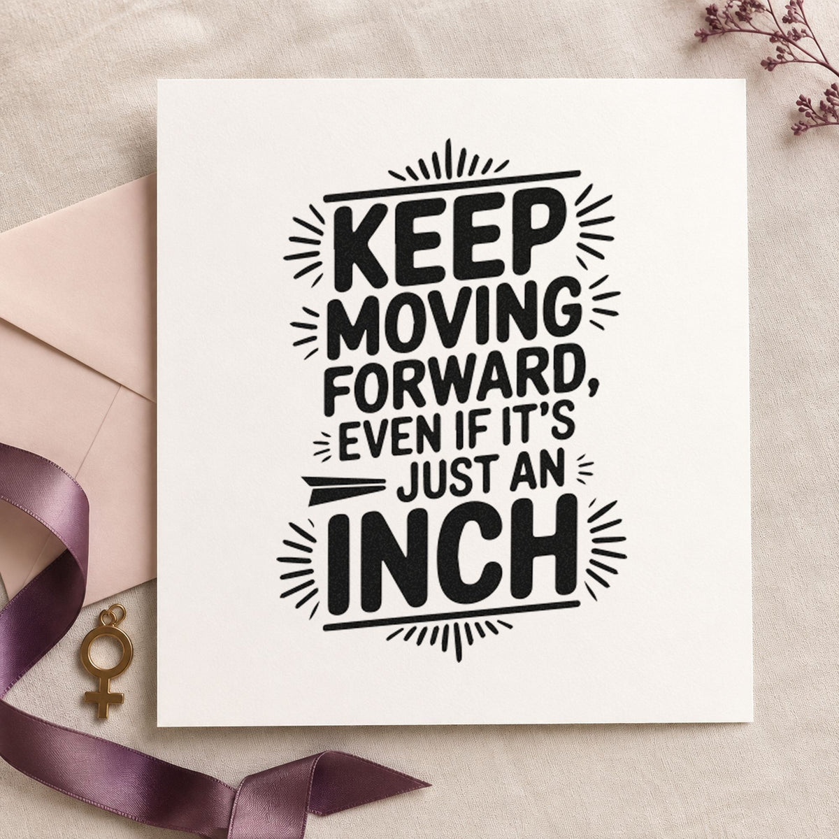 Keep Moving Forward Inch rubber stamp printed in black ink, ready for radiating mark cards and similar paper crafts.