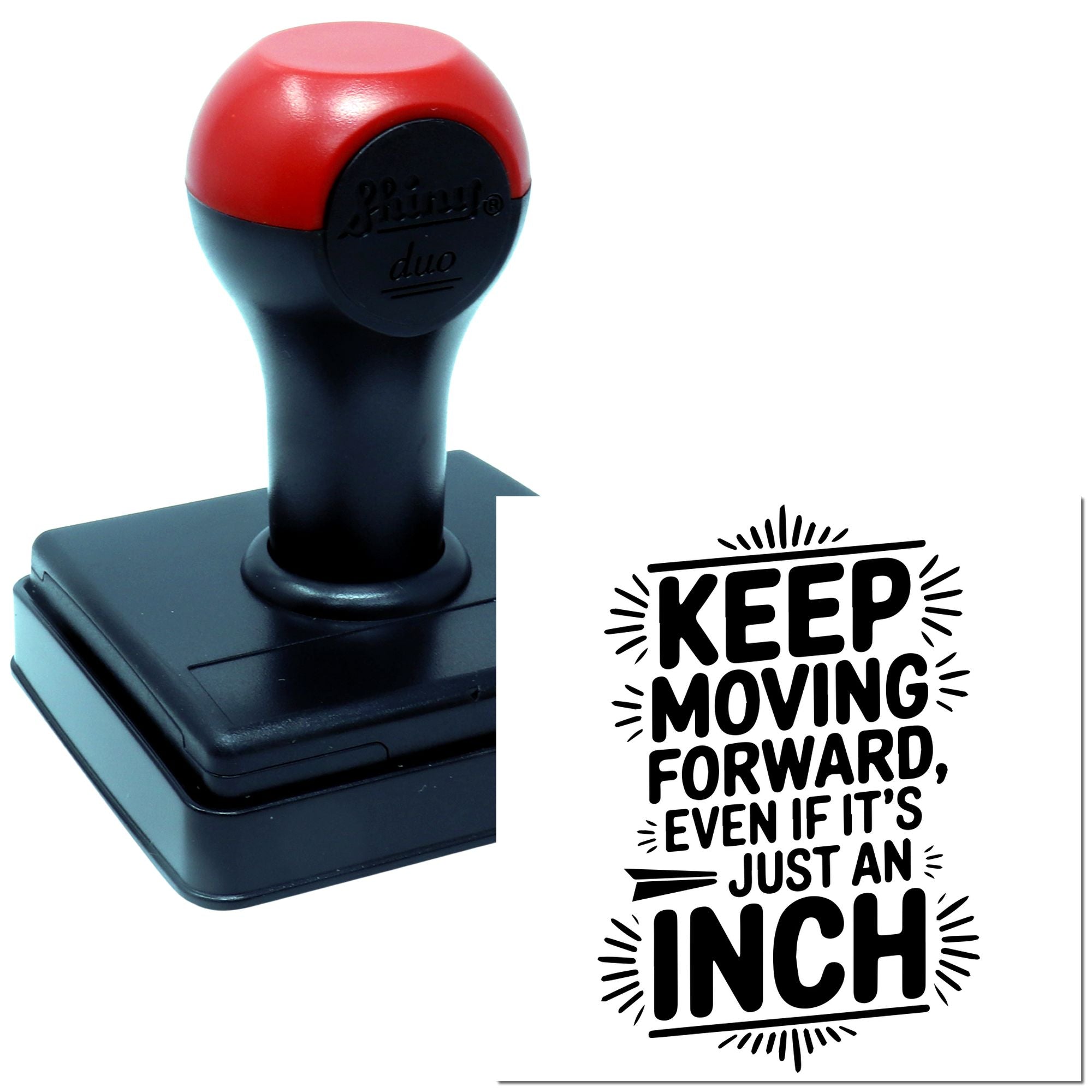 Custom self-inking motivational rubber stamp with Keep moving forward, even if its just an inch quote for crafting.