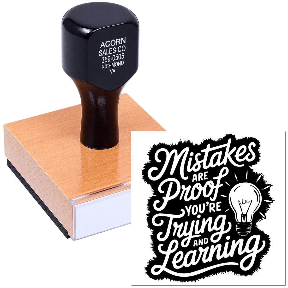 Custom motivational rubber stamp with Mistakes are proof youre trying and learning design for office and classroom use