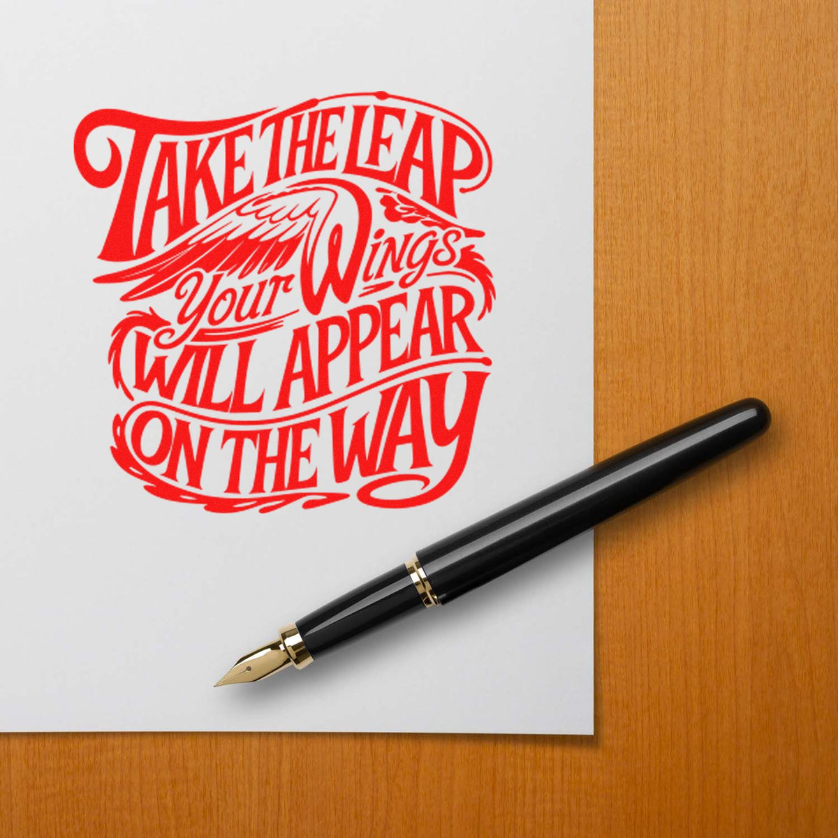 Take Leap Wings Appear rubber stamp shown in brown ink, stamped for projects such as studio album page.