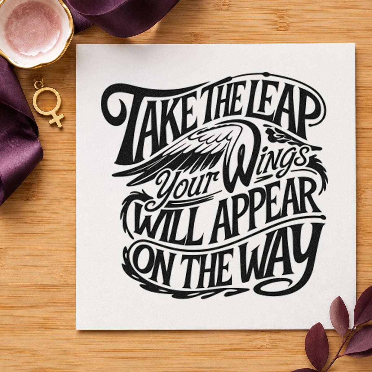 Take Leap Wings Appear craft stamp imprint in black ink on a handmade project, one idea being open day gift tags.