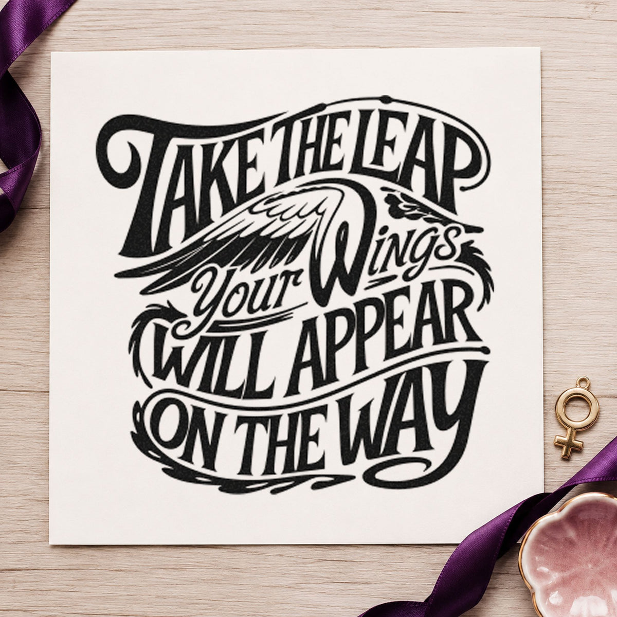 Take Leap Wings Appear rubber stamp printed in black ink, ready for winglike flourish cards and similar paper crafts.