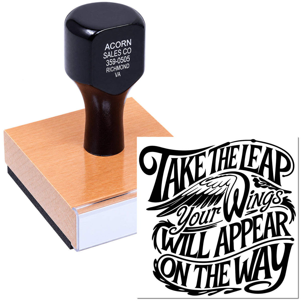 Custom rubber stamp displaying inspirational quote Take the lead, your wings will appear on the way.