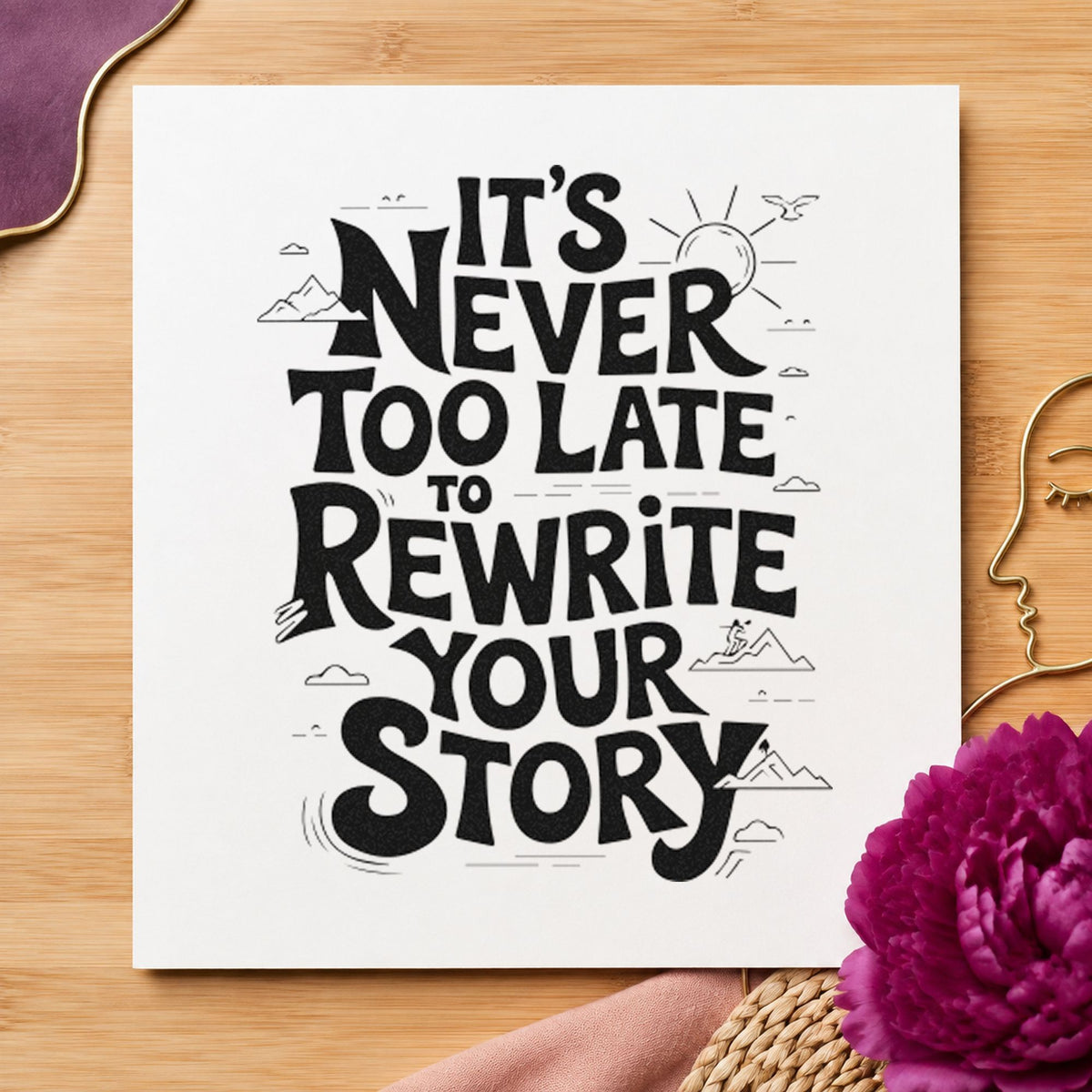 Never Late Rewrite Story craft stamp imprint in black ink on a handmade project, one idea being water bottle tags.