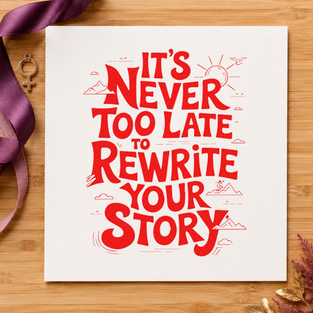 Never Late Rewrite Story rubber stamp shown in red ink, stamped for projects such as bin band labels.