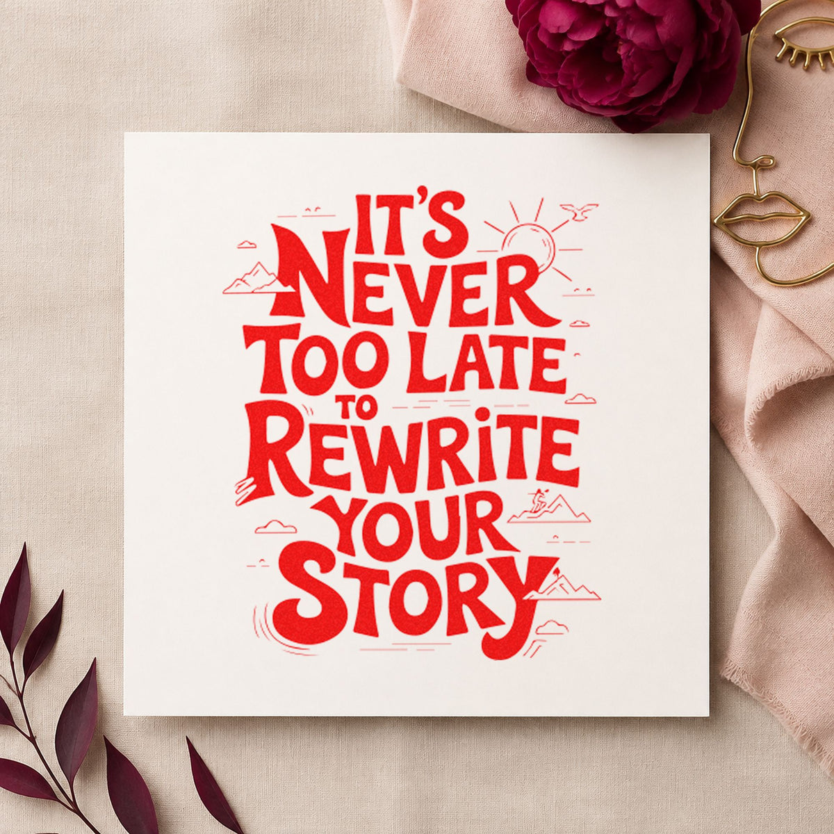 Never Late Rewrite Story craft stamp imprint in red ink on a handmade project, one idea being home move cards.