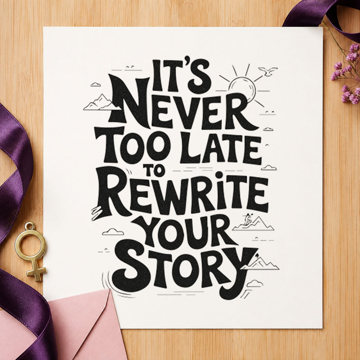 Never Late Rewrite Story rubber stamp printed in black ink, ready for sunrise outline cards and similar paper crafts.