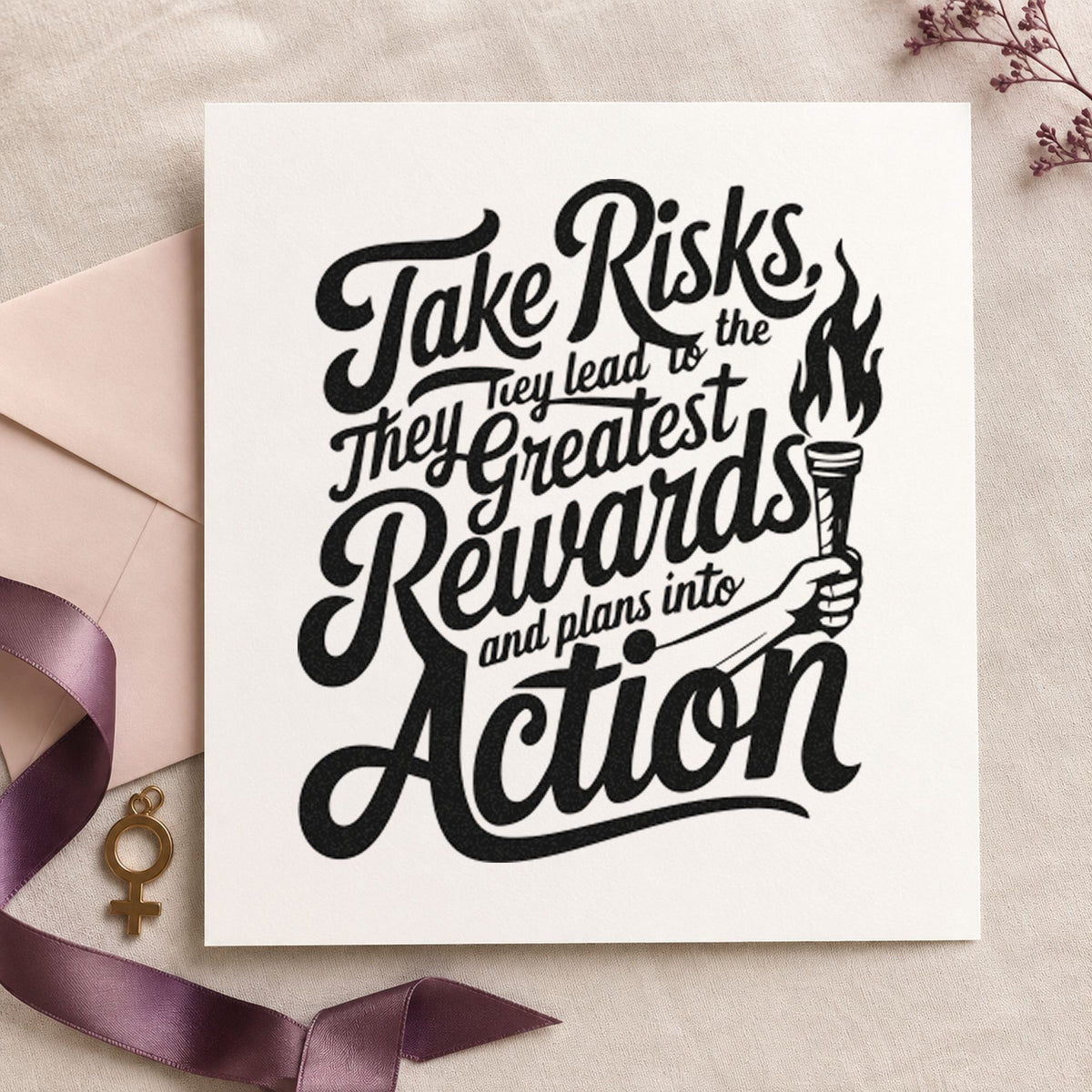 Take Risks Rewards Action craft stamp in black ink on cardstock, an easy option for relay album page.