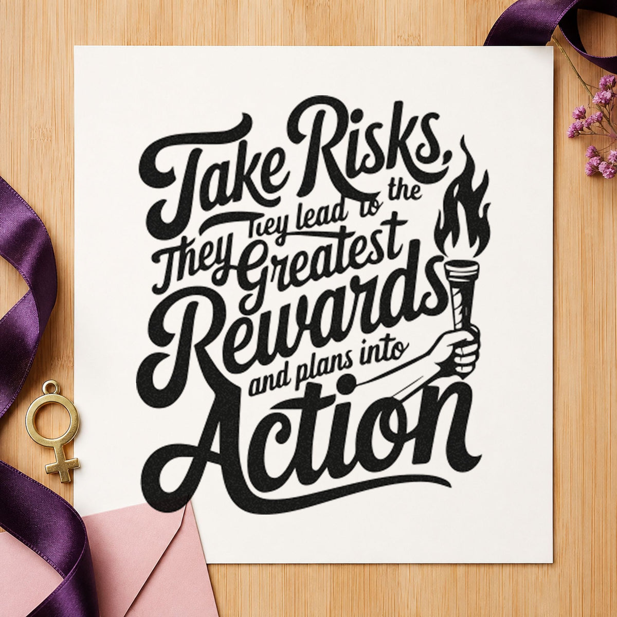 Take Risks Rewards Action rubber stamp printed in black ink, ready for leg assign sheet and similar paper crafts.