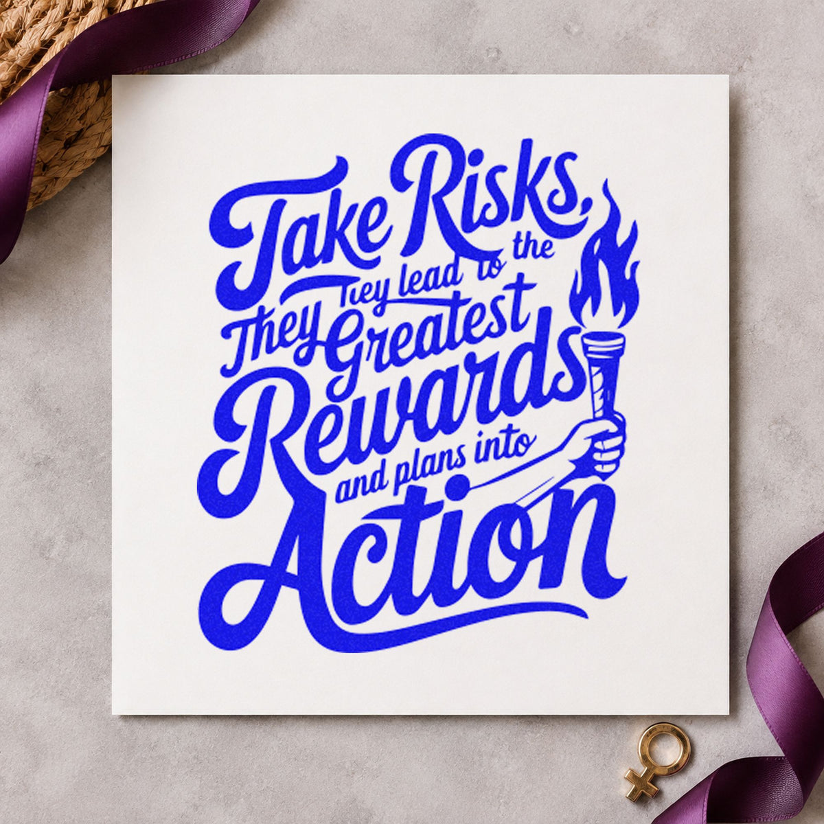 Take Risks Rewards Action craft stamp in blue ink on cardstock, an easy option for relay vest printing.