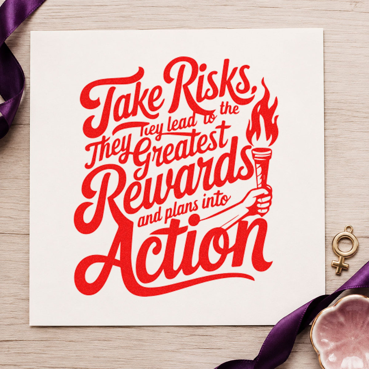 Take Risks Rewards Action rubber stamp shown in red ink, stamped for projects such as bin leg labels.