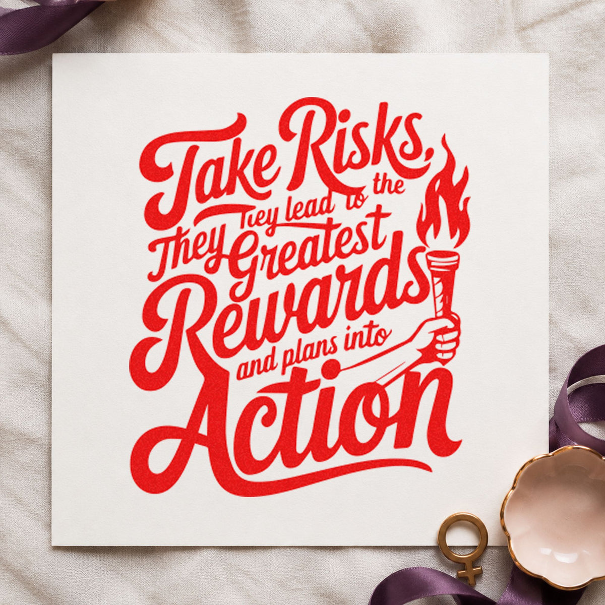 Take Risks Rewards Action craft stamp imprint in red ink on a handmade project, one idea being sponsor slip cards.