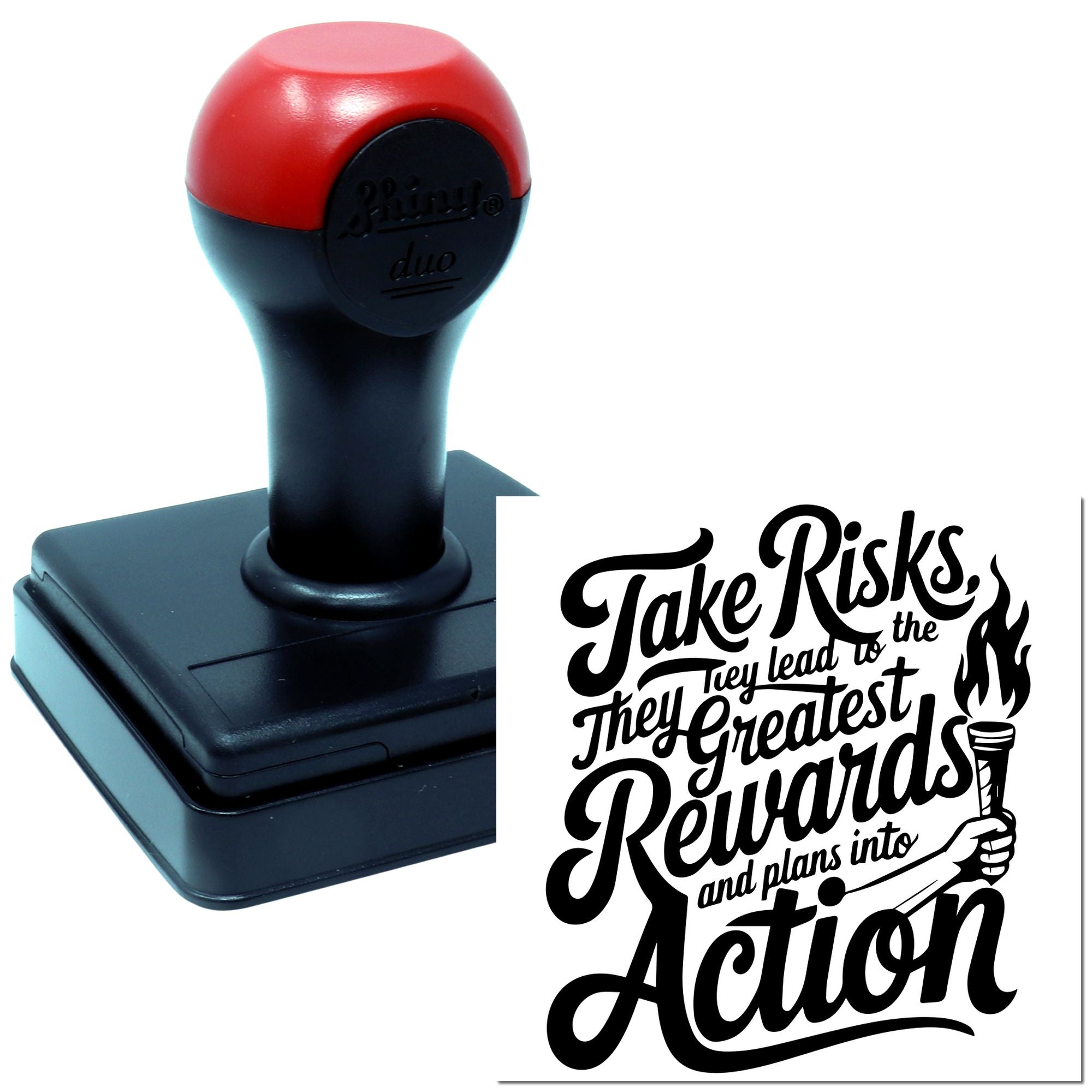Self-inking rubber stamp with Take Risks, They Lead to the Greatest Rewards inspirational design.