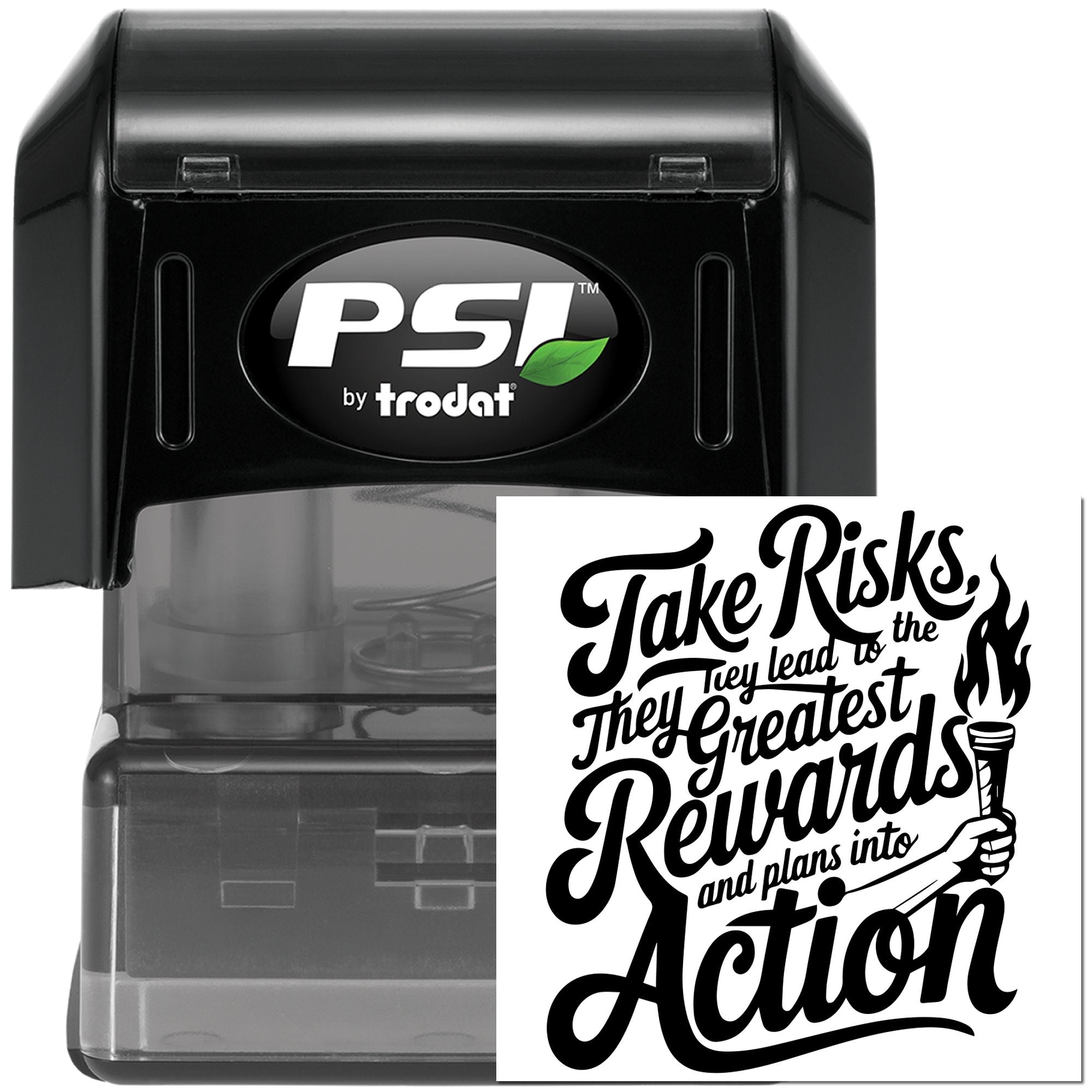 Self-inking rubber stamp with motivational quote, Take Risks, by Trodat PSI for office, crafting, and inspirational projects.
