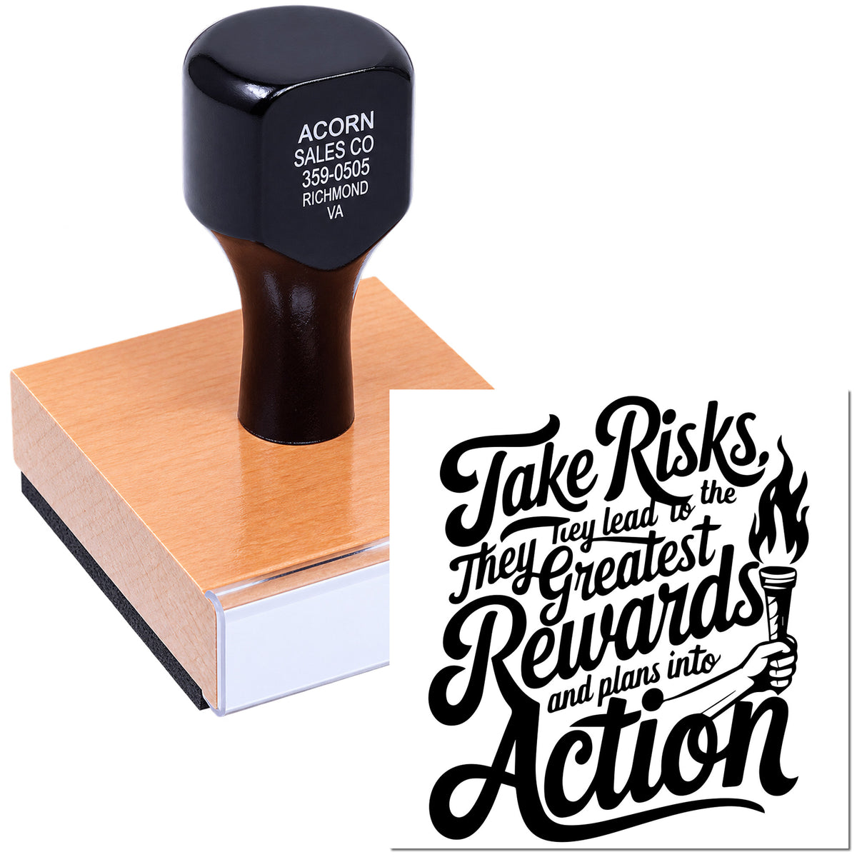 Wood-mounted custom rubber stamp with Take Risks motivational quote design for business branding, crafting, or inspirational projects.