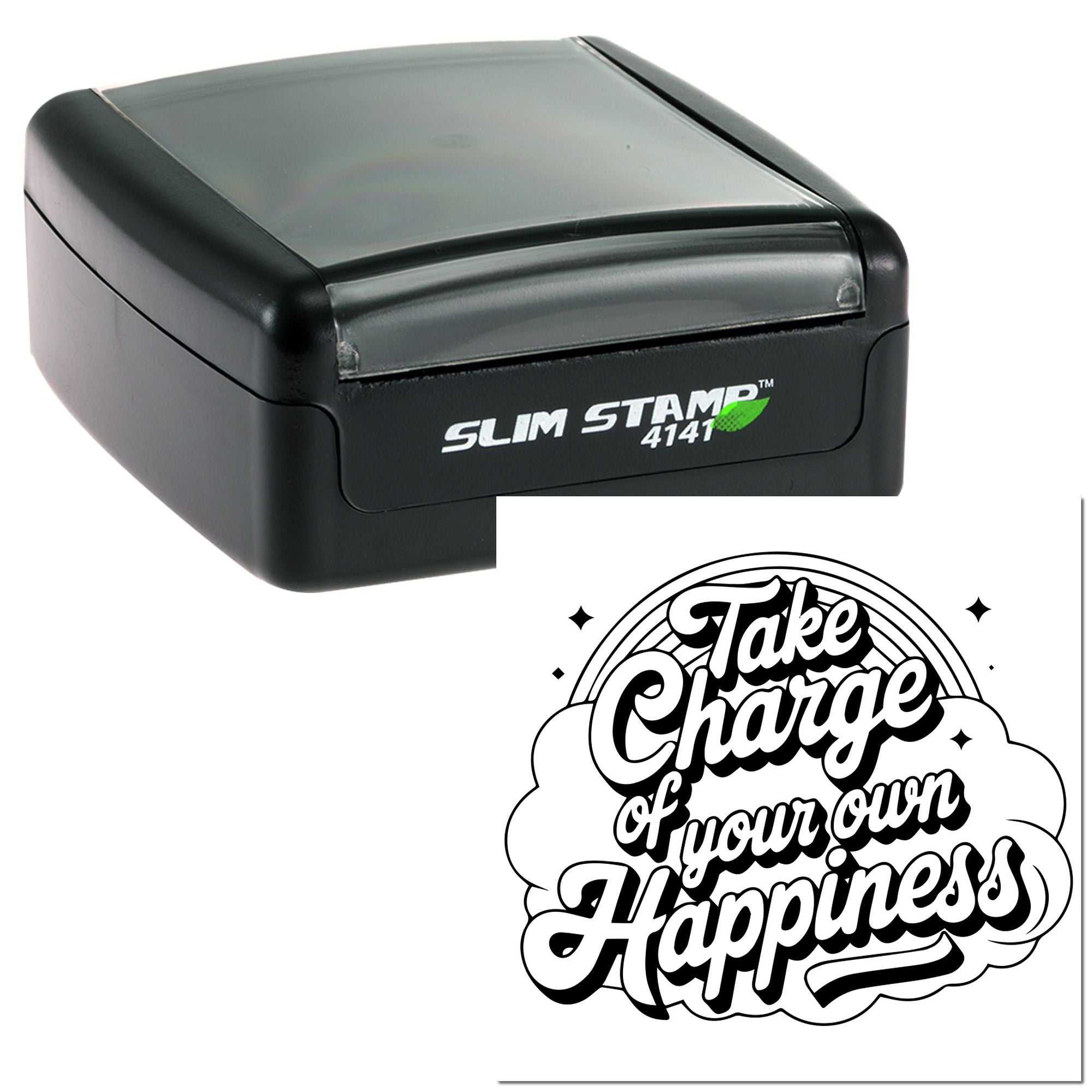 Self-inking rubber stamp with Take Charge of Your Own Happiness motivational quote, Slim Stamp 4141.