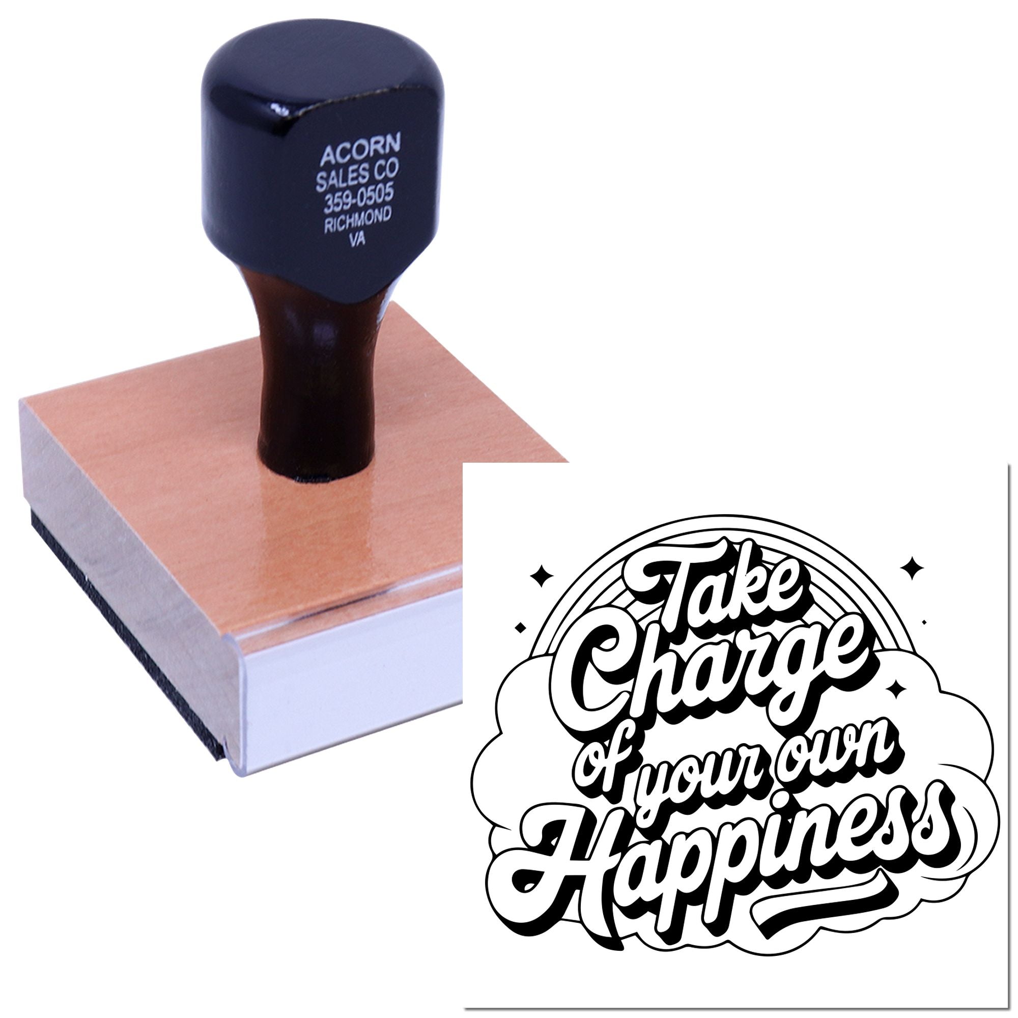 Custom rubber stamp sample with motivational Take Charge of Your Own Happiness imprint for business branding.
