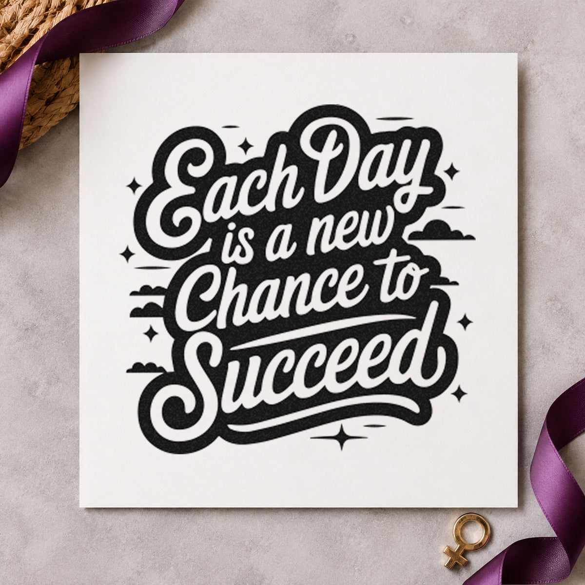 Each Day Chance Succeed craft stamp imprint in black ink on a handmade project, one idea being holiday gift tags.