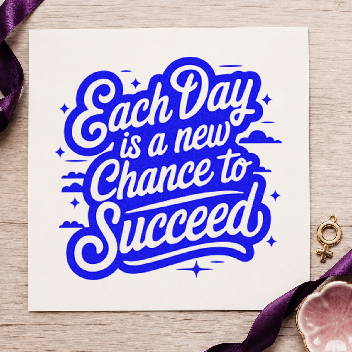 Each Day Chance Succeed craft stamp in blue ink on cardstock, an easy option for satchel flap printing.