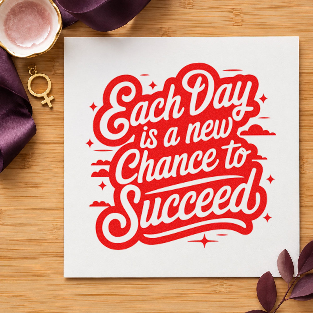 Each Day Chance Succeed rubber stamp shown in red ink, stamped for projects such as bin street labels.